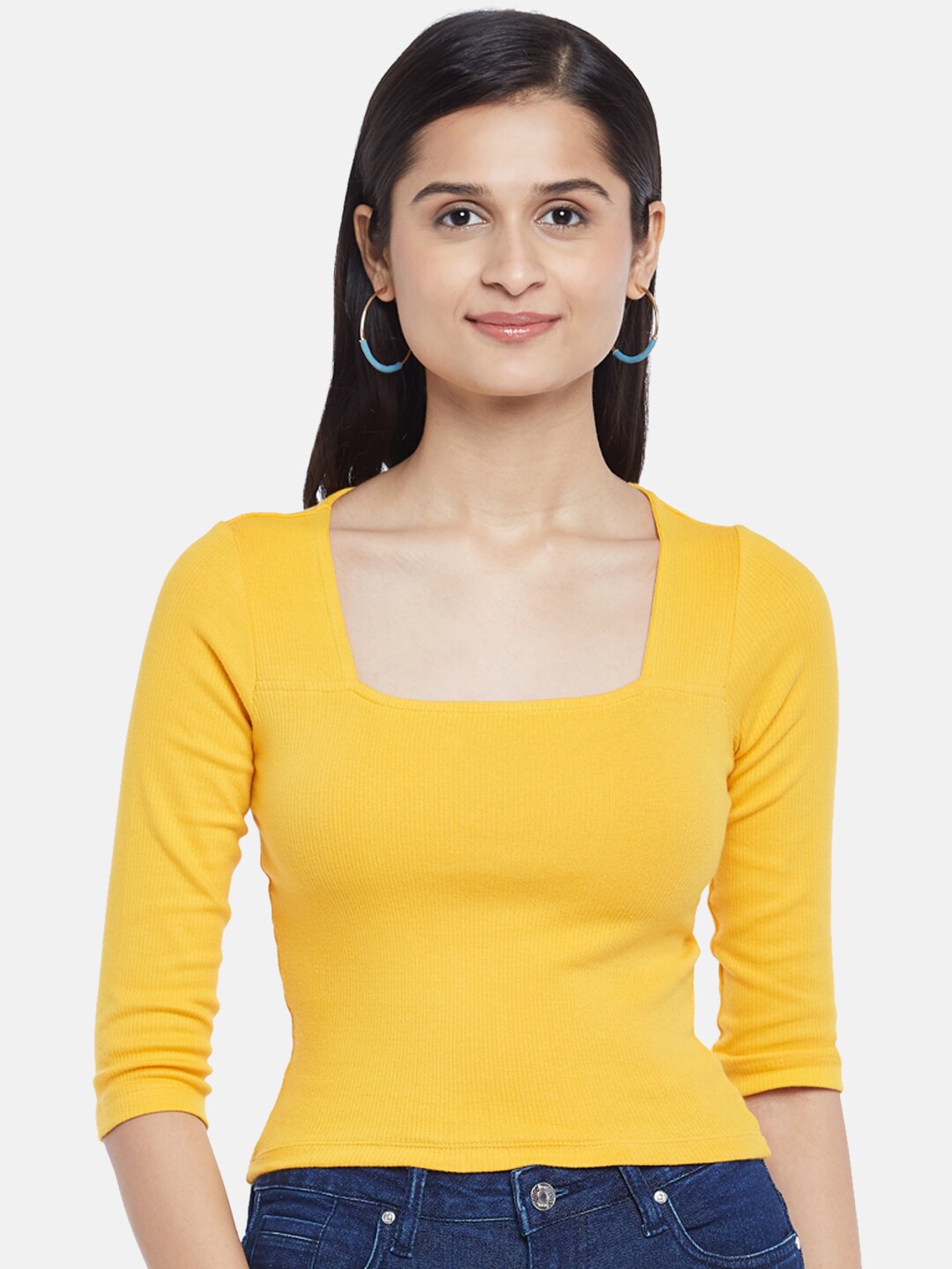 

People Women Yellow Solid Pure Cotton Top