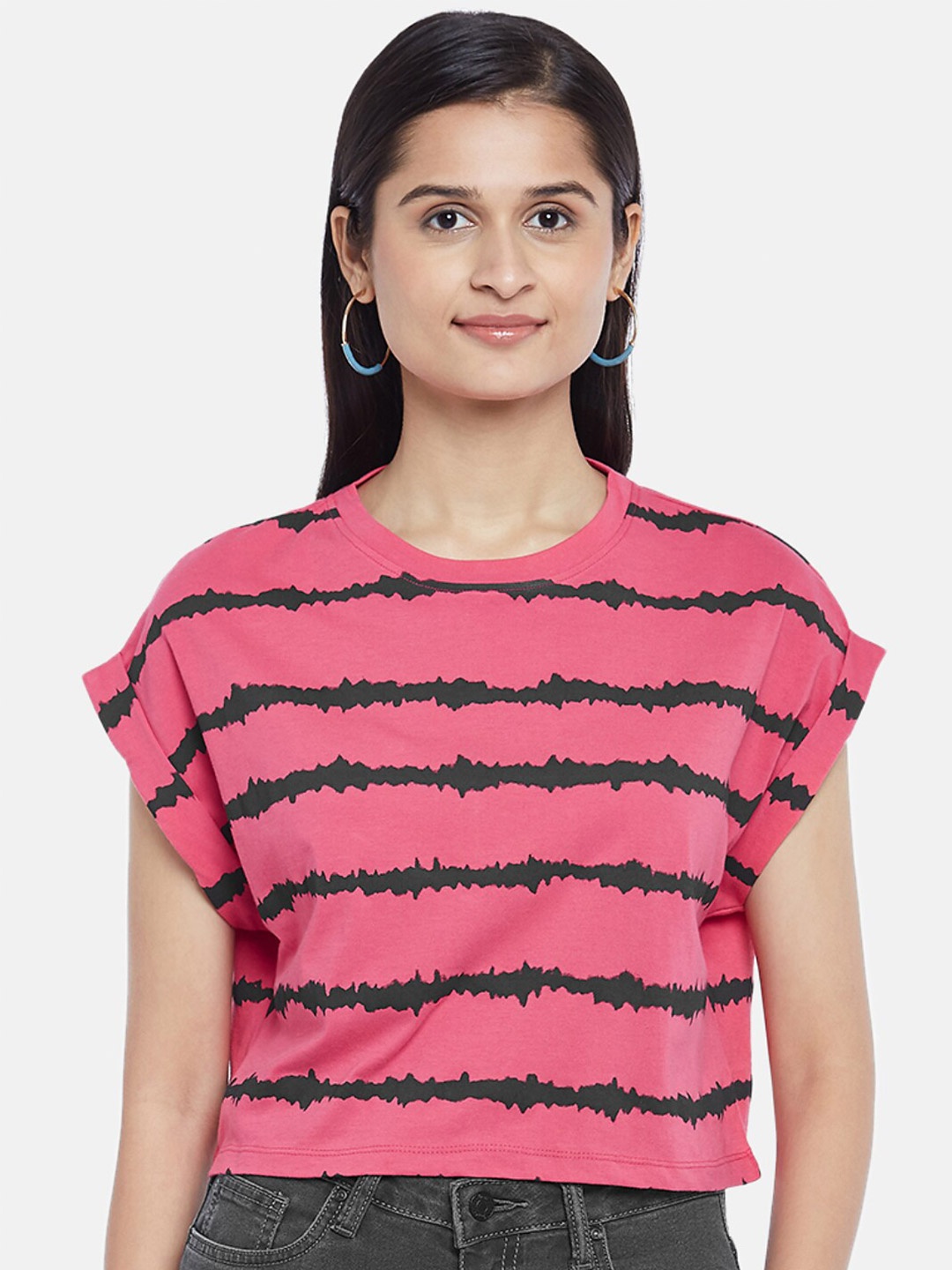 

People Pink Striped Extended Sleeves Crop Top