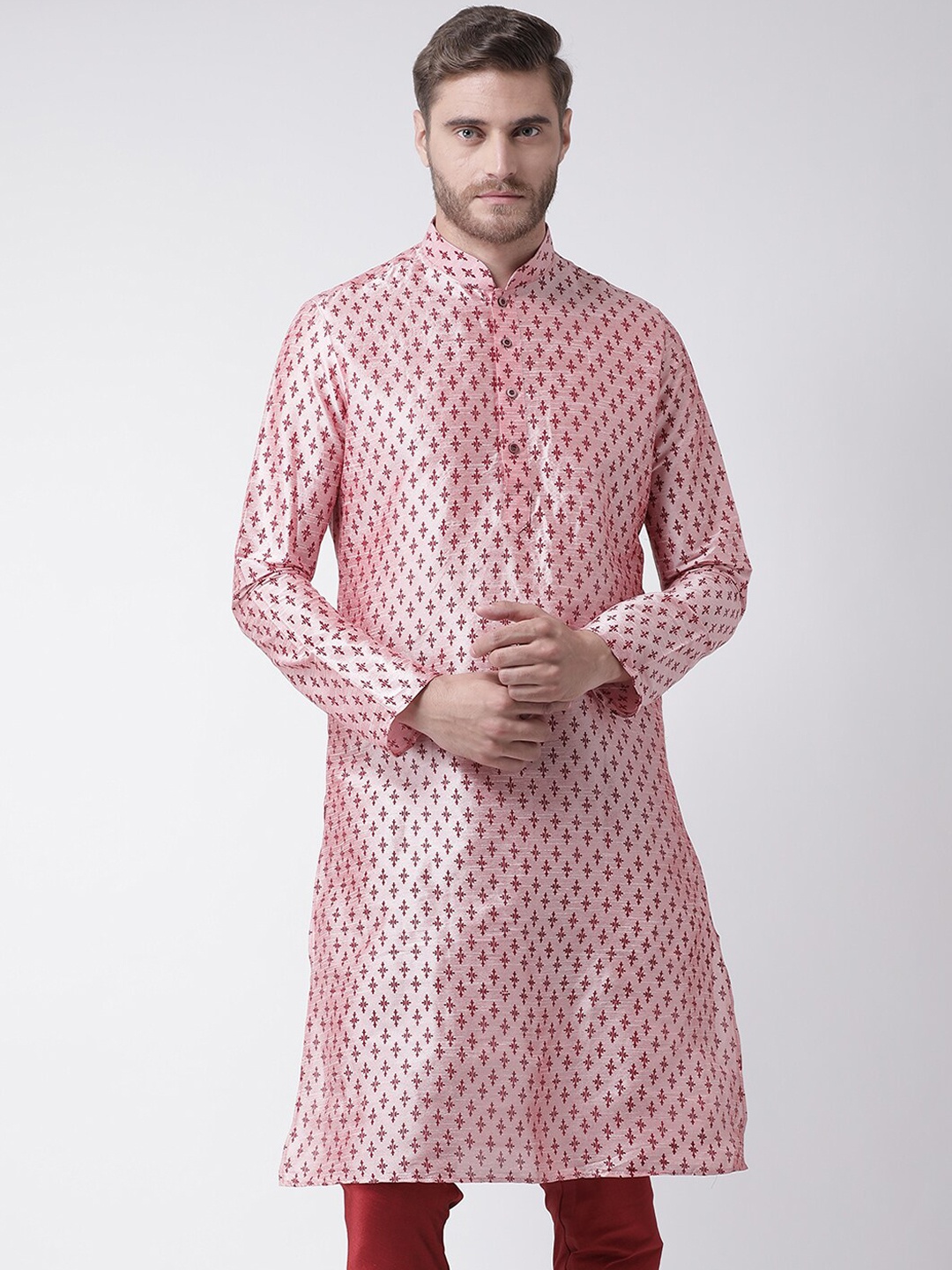 

DEYANN Men Peach-Coloured Ethnic Motifs Printed Dupion Silk Kurta with Churidar
