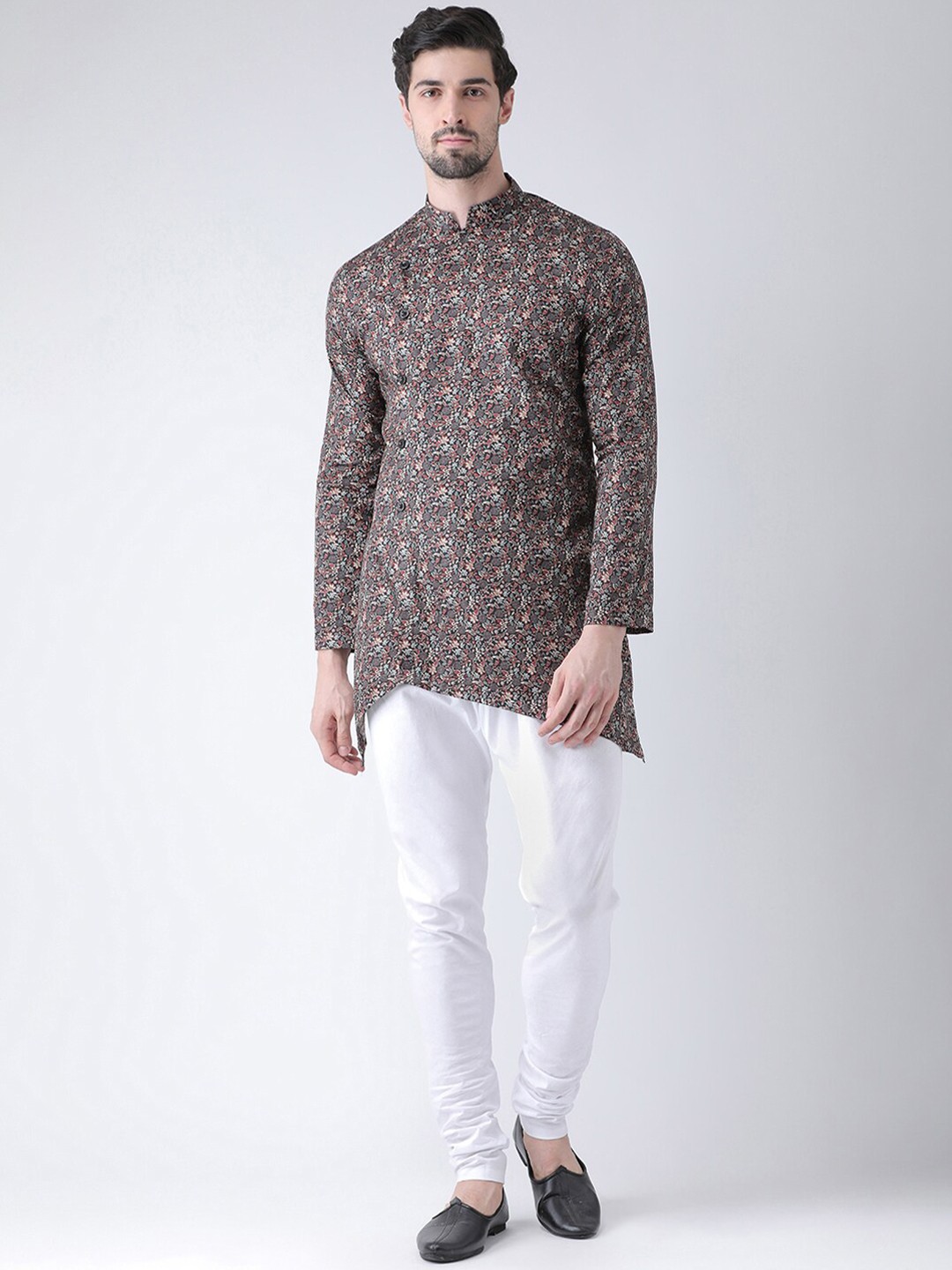 

DEYANN Men Black & White Floral Printed Angrakha Kurta with Churidar