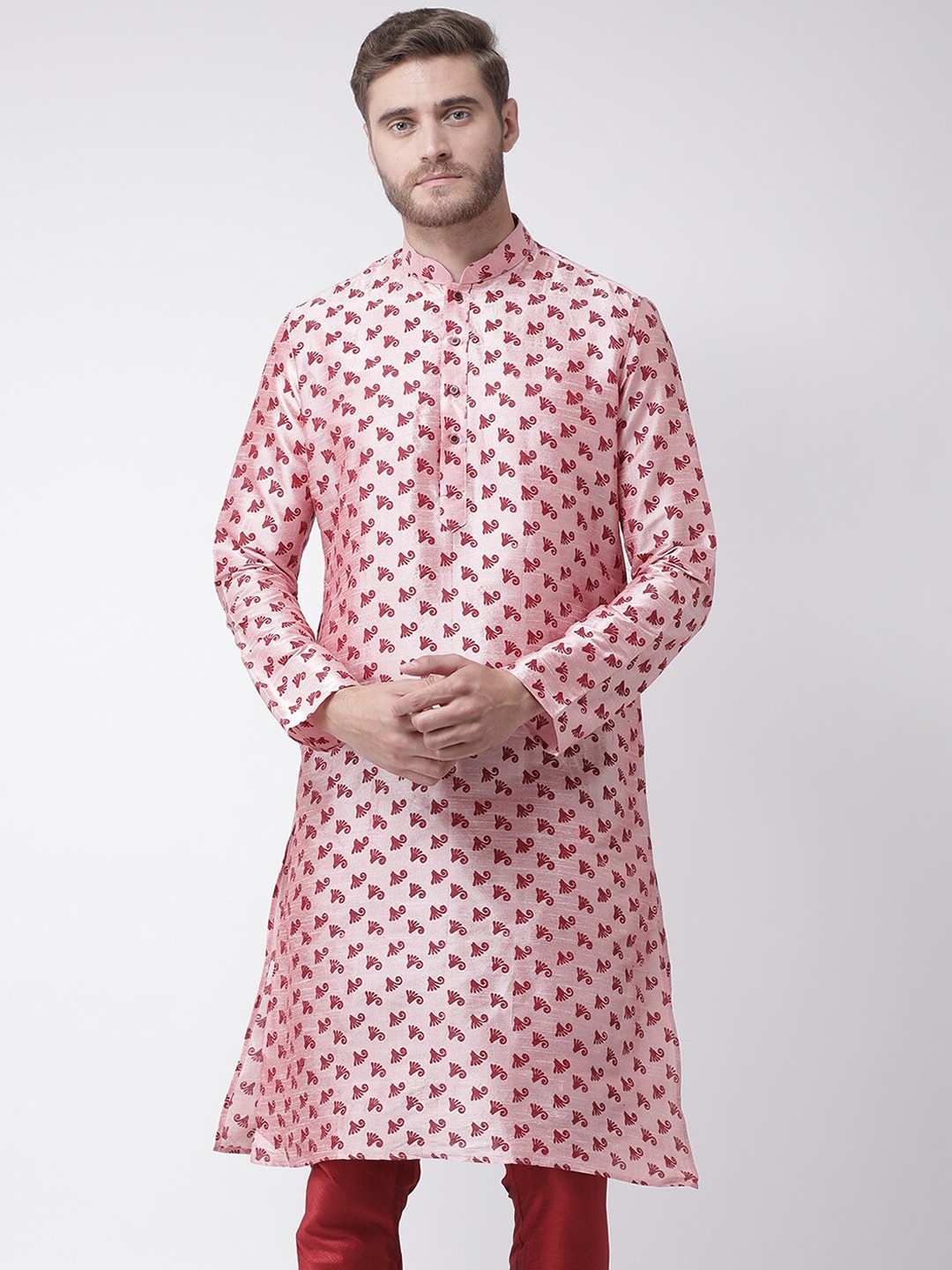 

DEYANN Men Peach-Coloured Floral Dupion Silk Kurta with Churidar