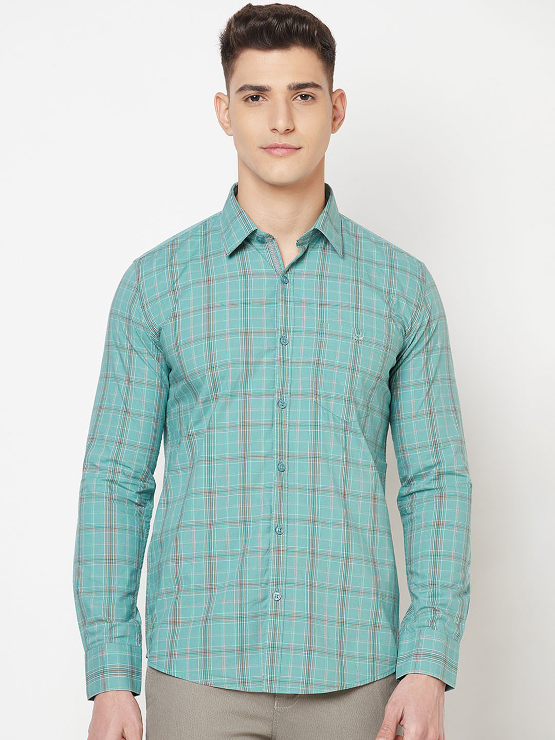 

Crimsoune Club Men Plus Size Green Tartan Checked Casual Shirt