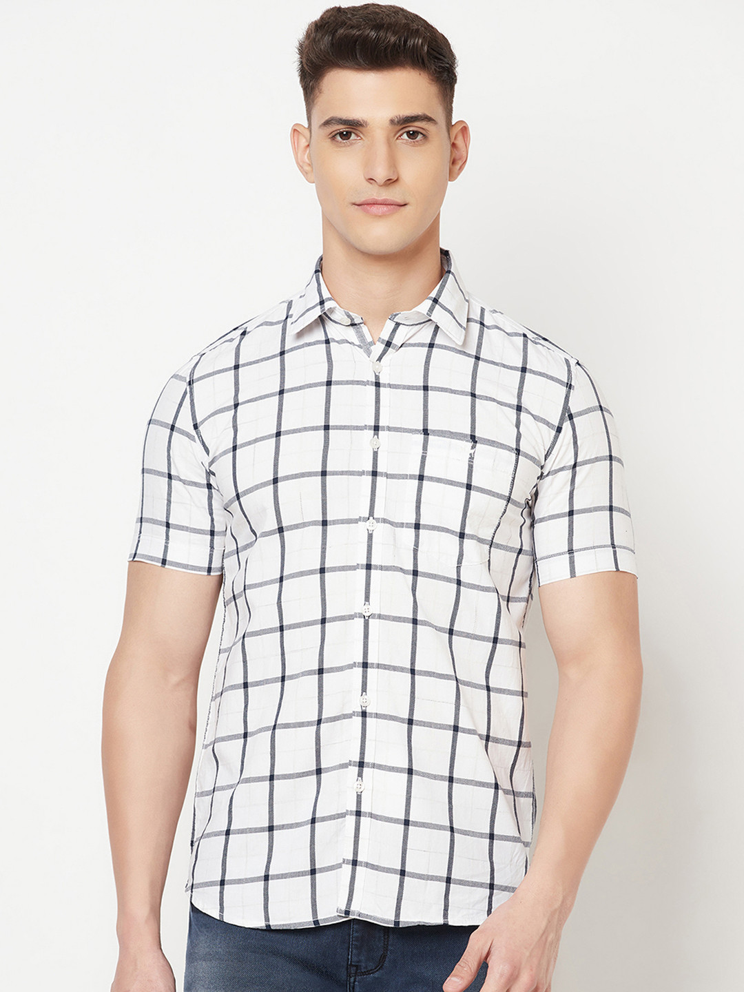 

Crimsoune Club Men White Slim Fit Windowpane Checks Checked Casual Shirt