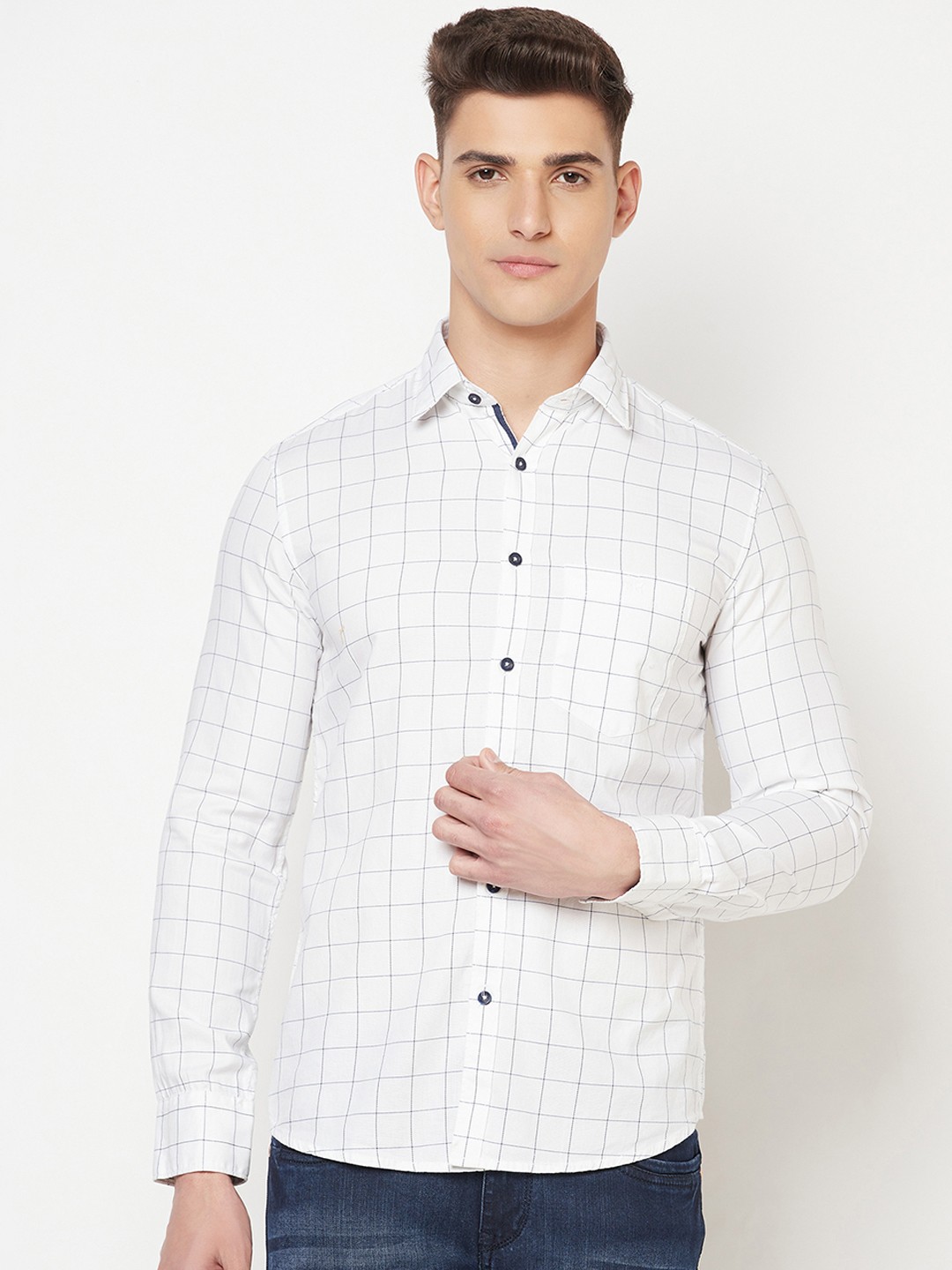 

Crimsoune Club Men White Slim Fit Windowpane Checks Checked Pure Cotton Casual Shirt