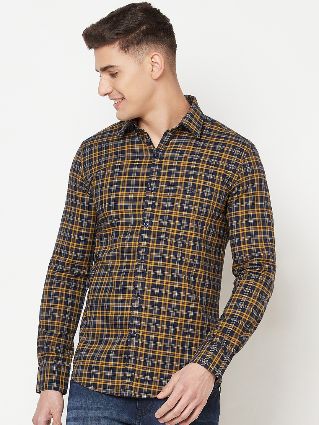 

Crimsoune Club Men Blue & Yellow Slim Fit Tartan Checked Pure Cotton Casual Shirt