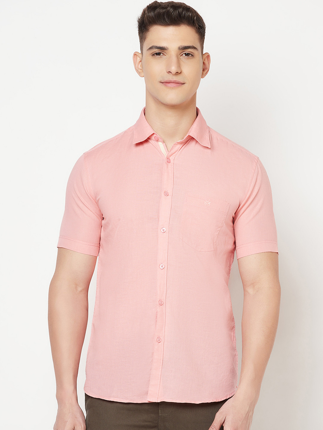 

Crimsoune Club Men Pink Slim Fit Solid Cotton Linen Casual Shirt