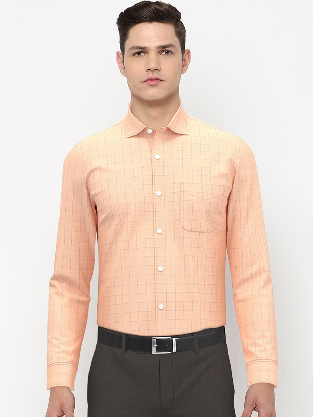 

Peter England Elite Men Peach-Coloured Windowpane Checked Pure Cotton Formal Shirt