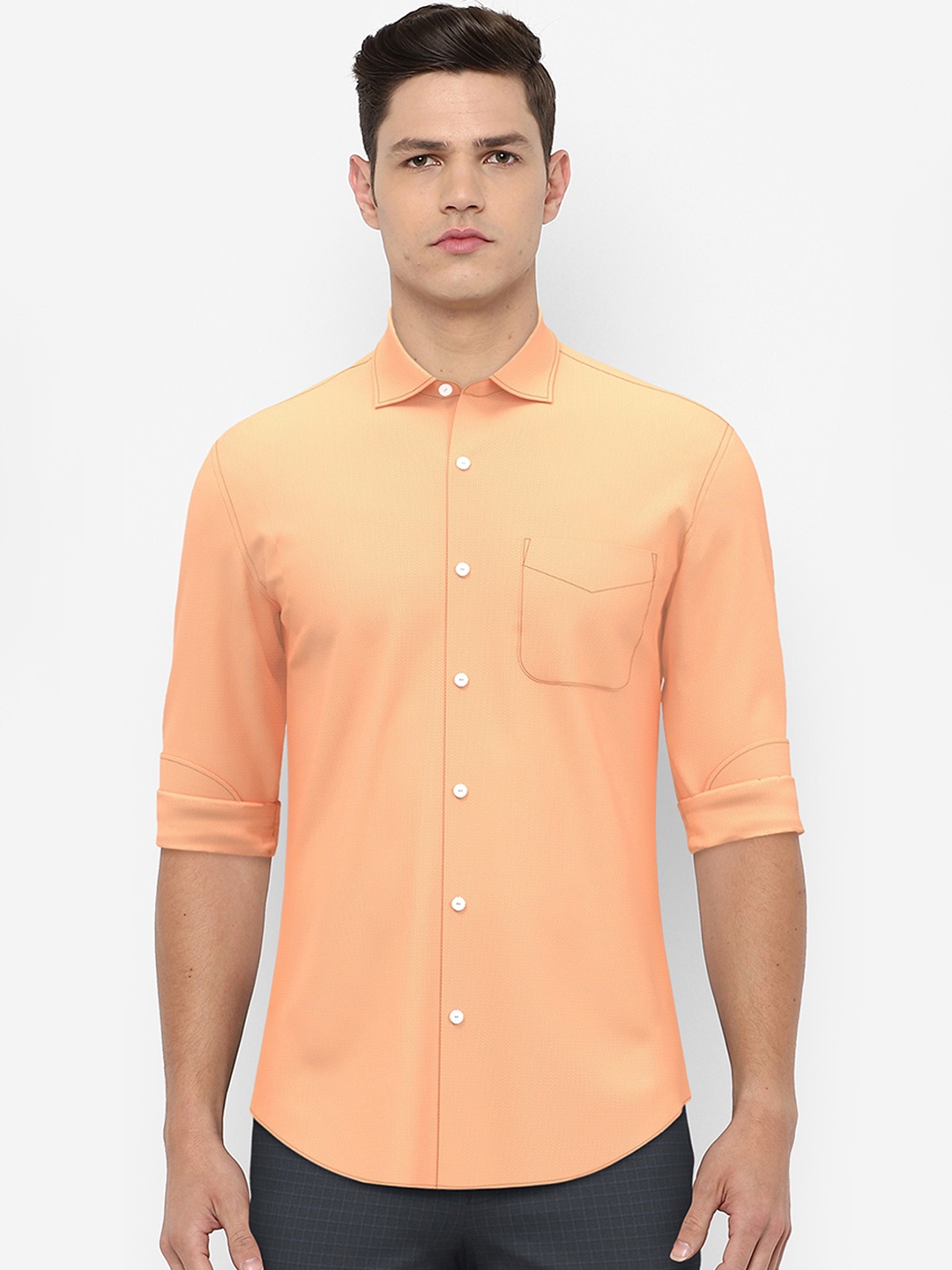 

Peter England Elite Men Peach-Coloured Pure Cotton Formal Shirt