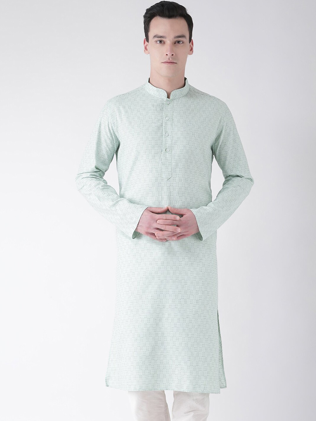 

DEYANN Men Green & White Striped Pure Cotton Kurta With Pyjamas