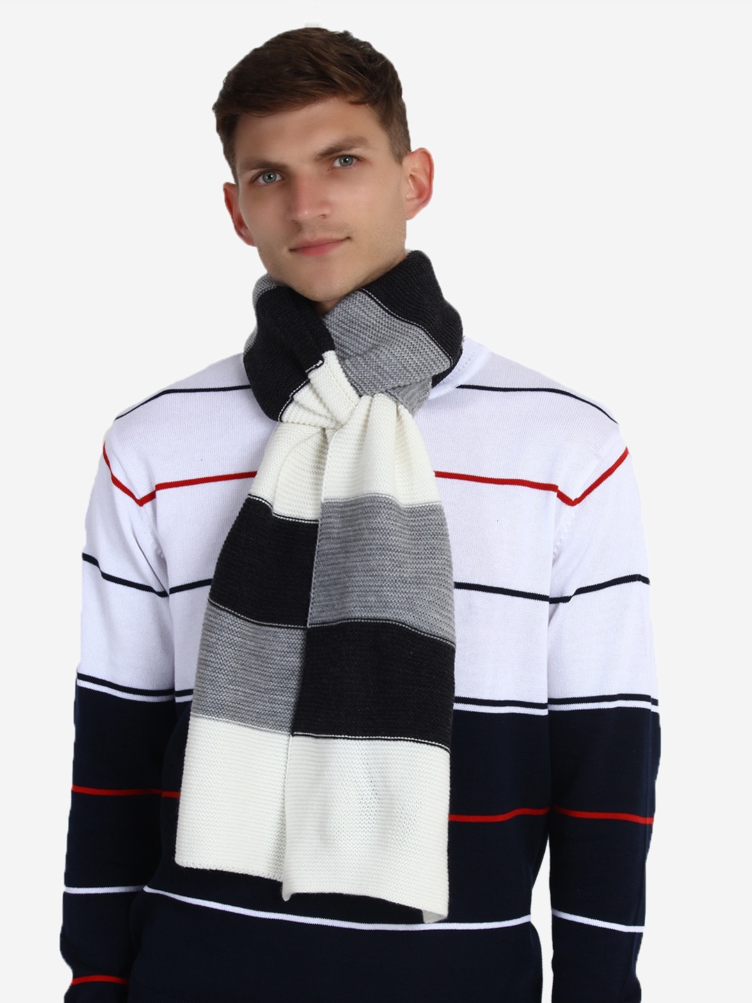 

JoE Hazel Men White & Black Striped Acrylic Muffler