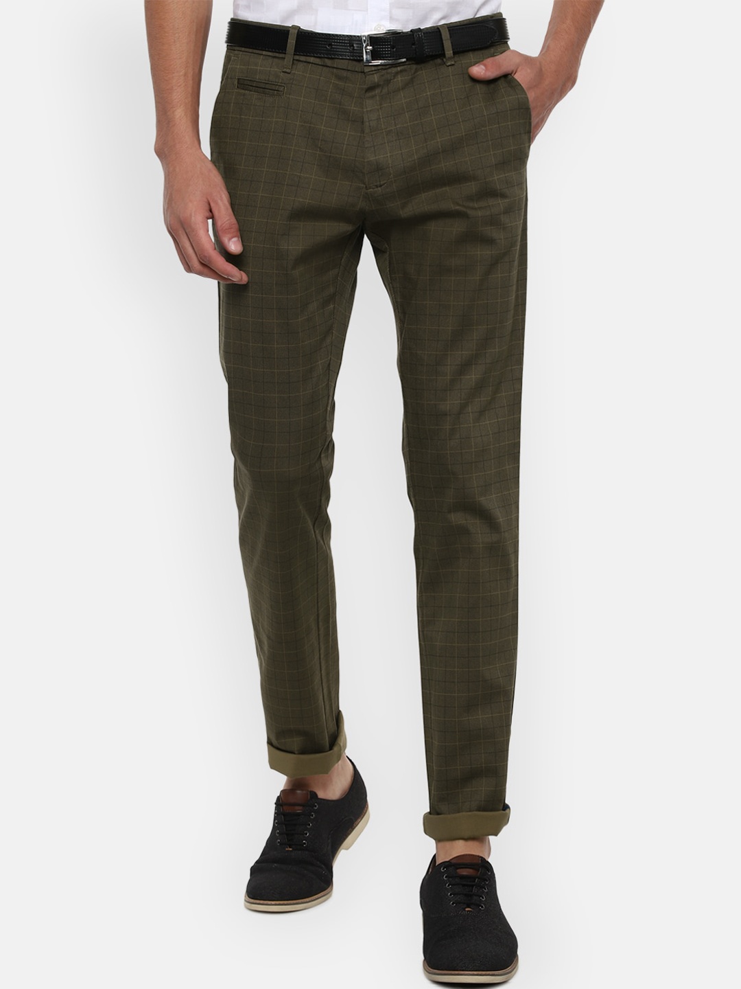 

V Dot Men Brown Checked Slim Fit Trousers