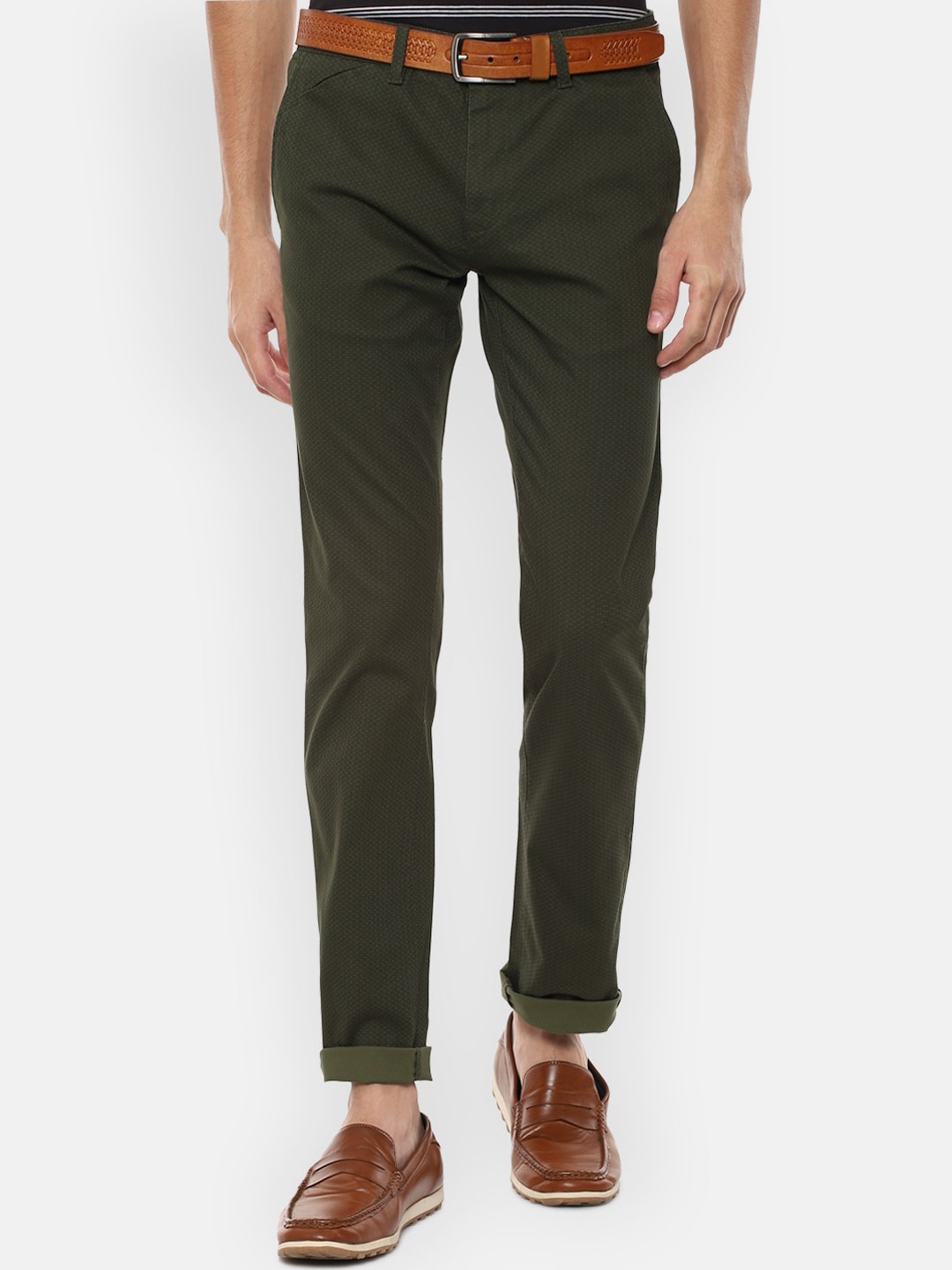 

V Dot Men Olive Green Textured Slim Fit Trousers