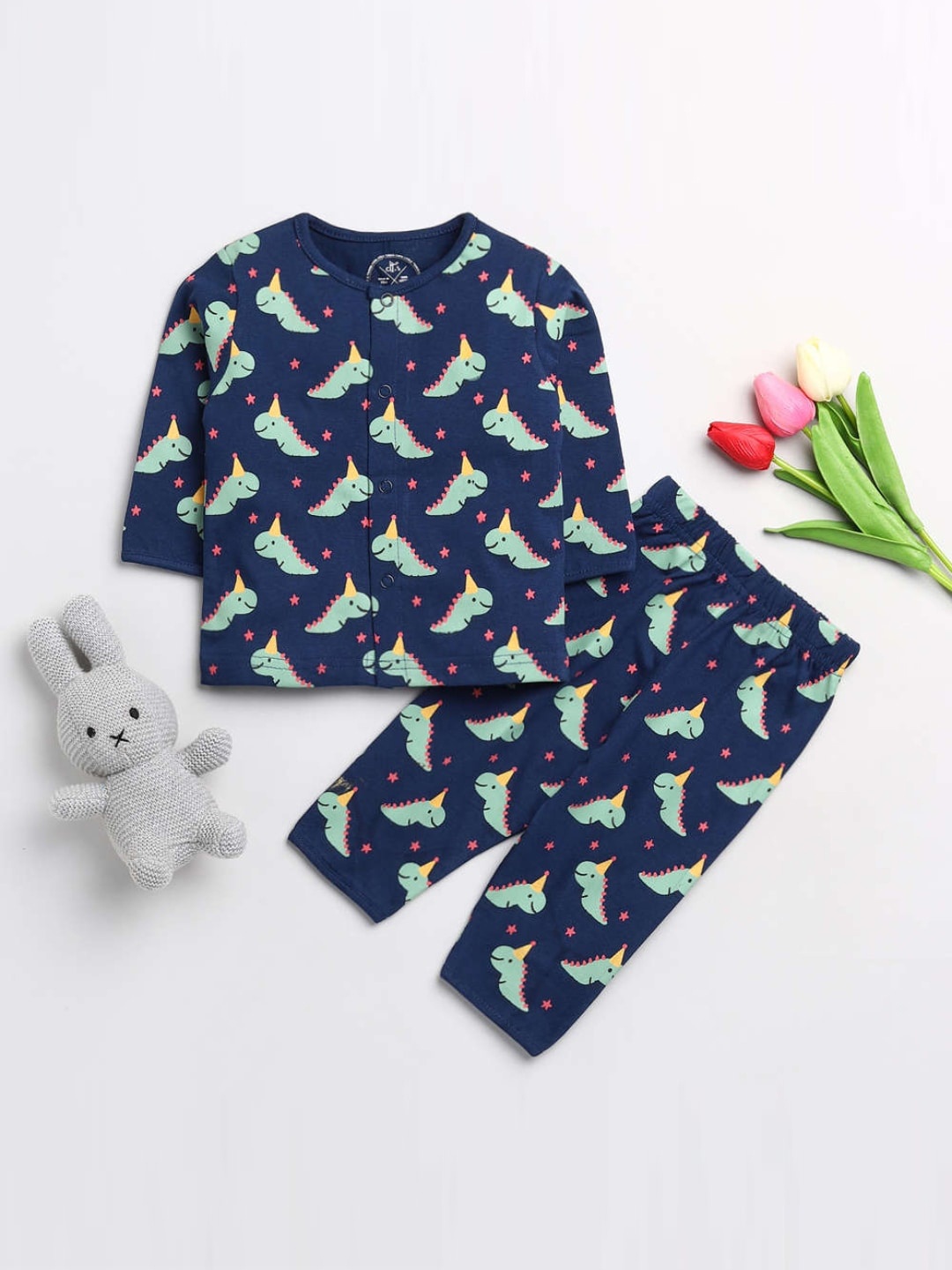 

Clt.s Unisex Kids Blue & Sea Green Baby Dino Printed Full Sleeve Night Suit
