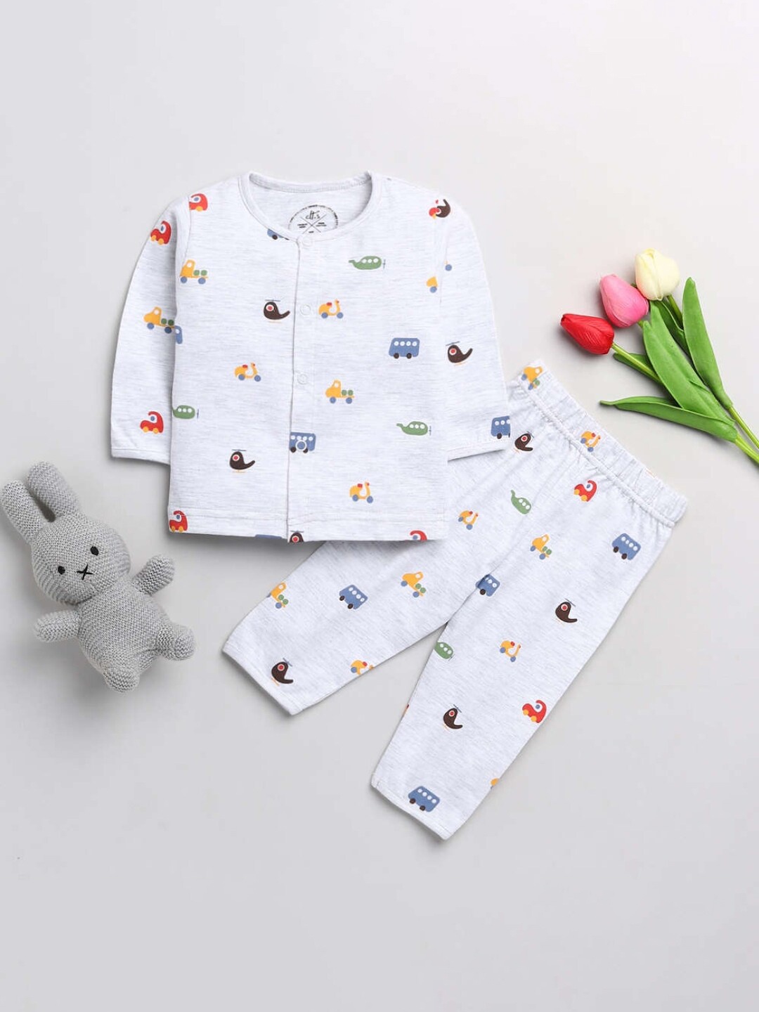 

Clt.s Unisex Kids Grey Melange Graphic Printed Pure Cotton Night suit