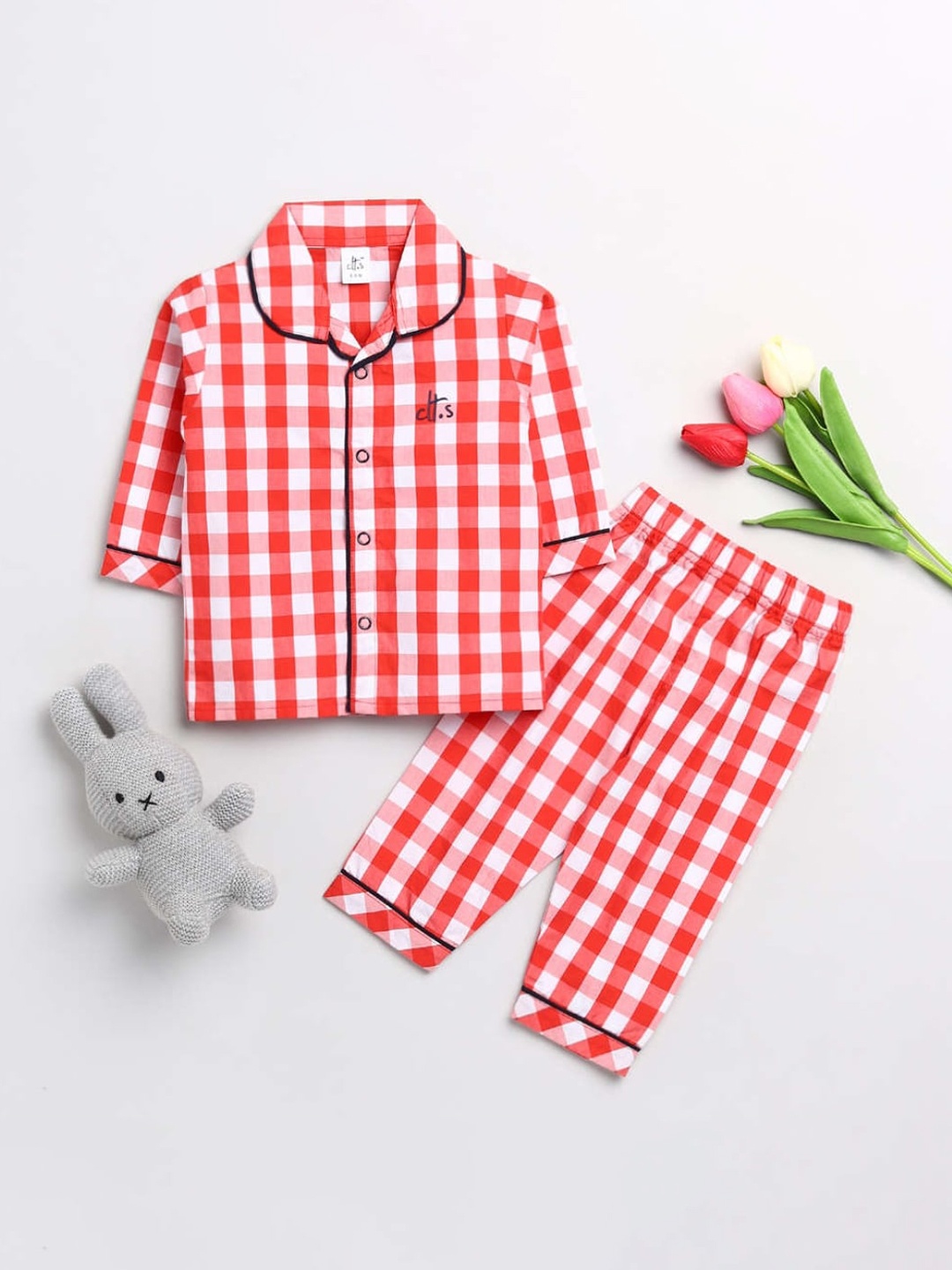 

Clt.s Unisex Kids Red & White Checked Pure Cotton Night suit