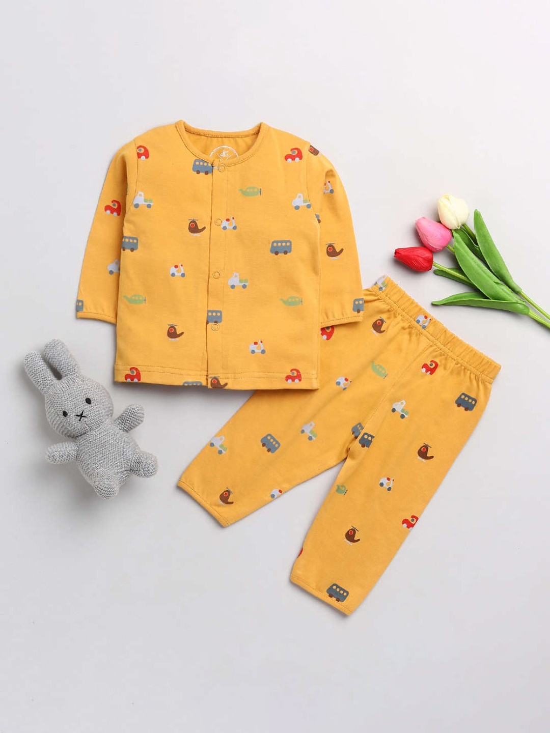 

Clt s Unisex Kids Mustard Vehicles Printed Night suit