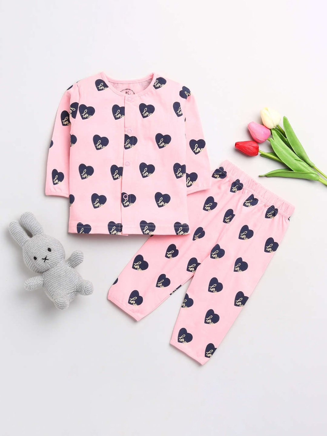 

Clt s Unisex Kids Pink & Black Heart Printed Pure Cotton Night suit