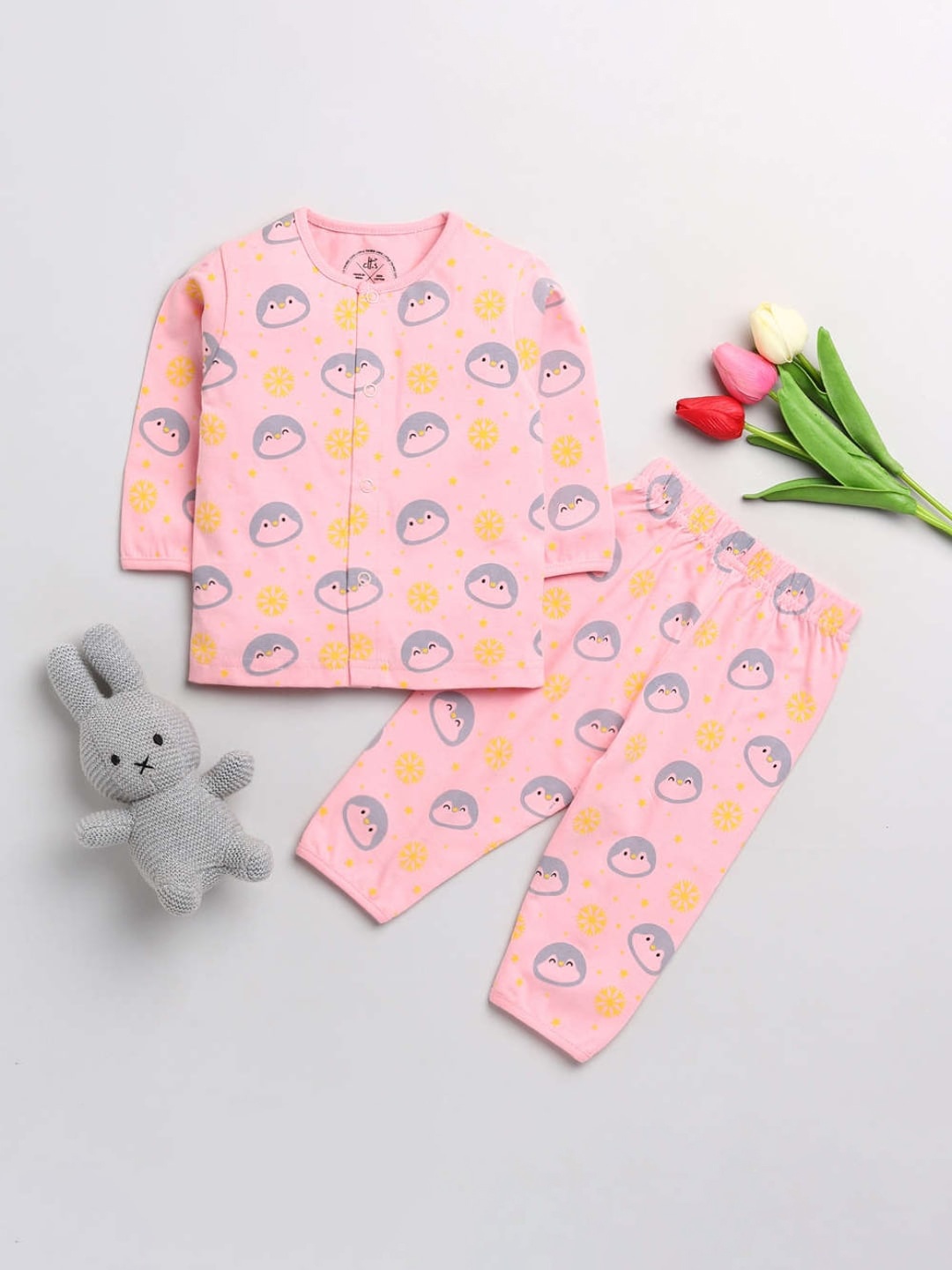 

Clt.s Unisex Kids Pink & Grey Conversational Printed Pure Cotton Night suit
