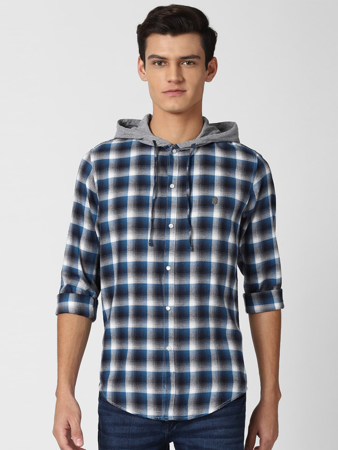 

Peter England Casuals Men Navy Blue Slim Fit Checked Hooded Casual Shirt