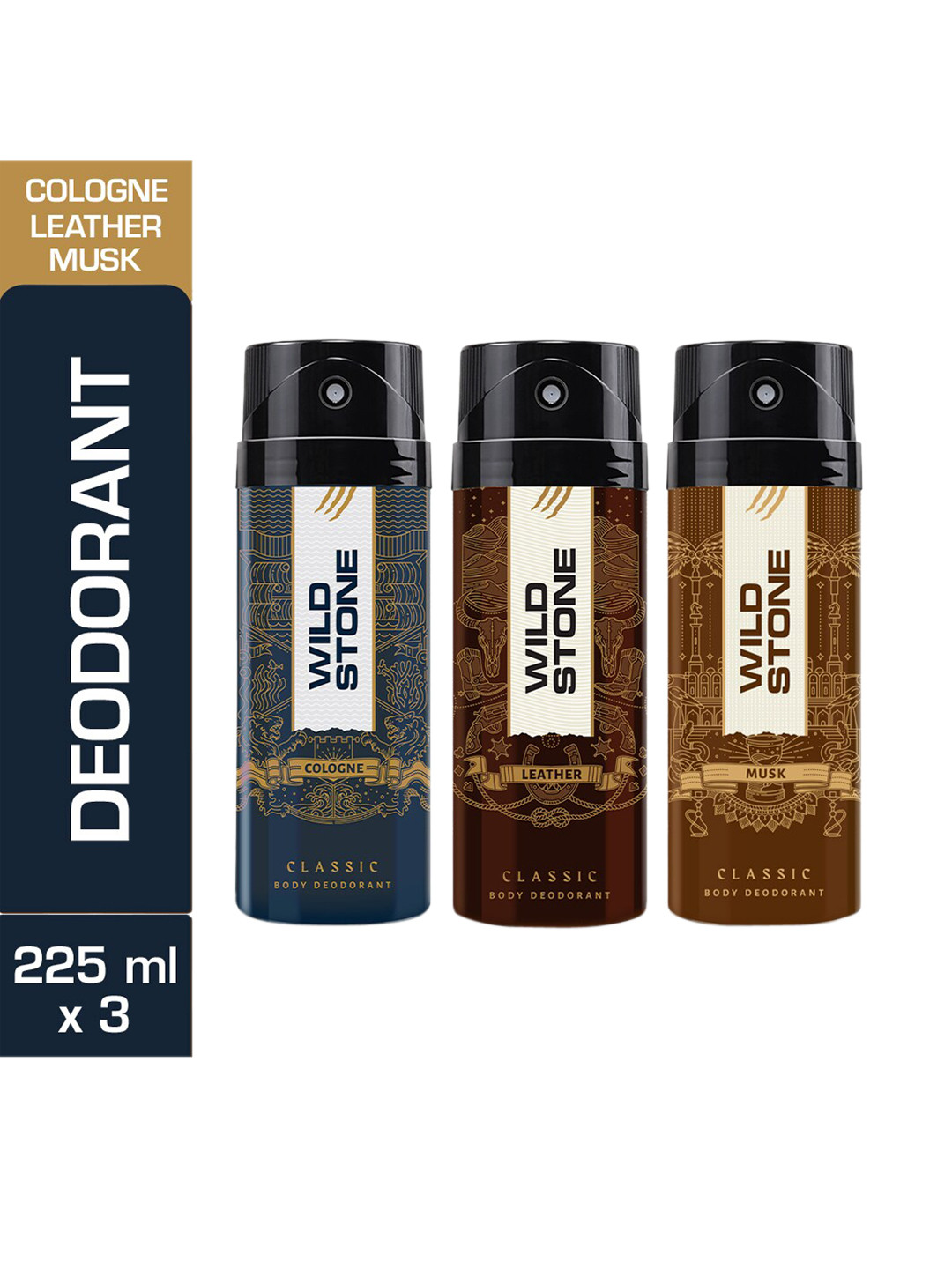 

Wild Stone Set of 3 Classic Cologne Leather & Musk Deodorants- 225ml each, Multi