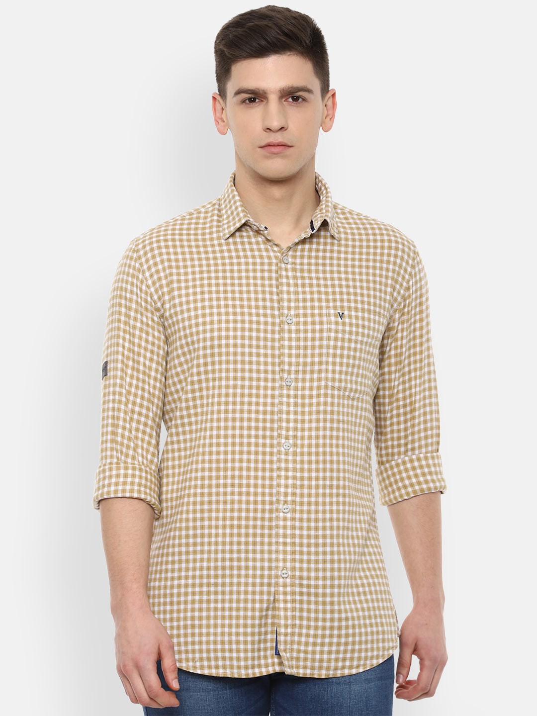

VAN HEUSEN DENIM LABS Men Beige Slim Fit Gingham Checks Checked Casual Shirt