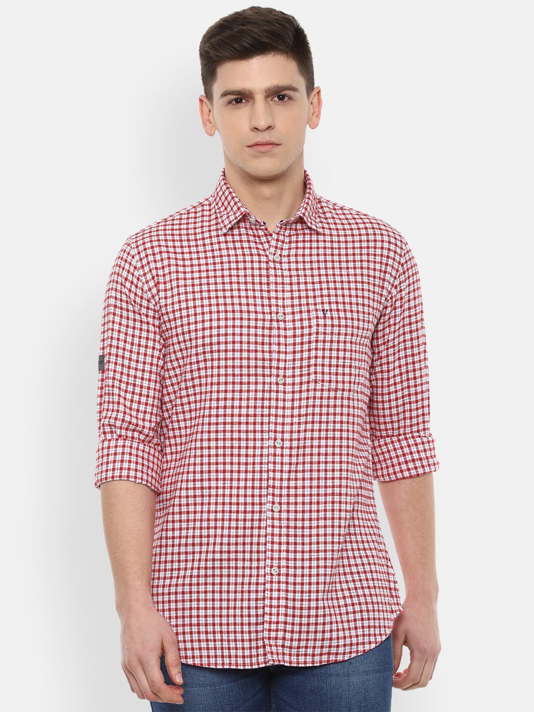 

VAN HEUSEN DENIM LABS Men Red & White Slim Fit Checked Casual Shirt