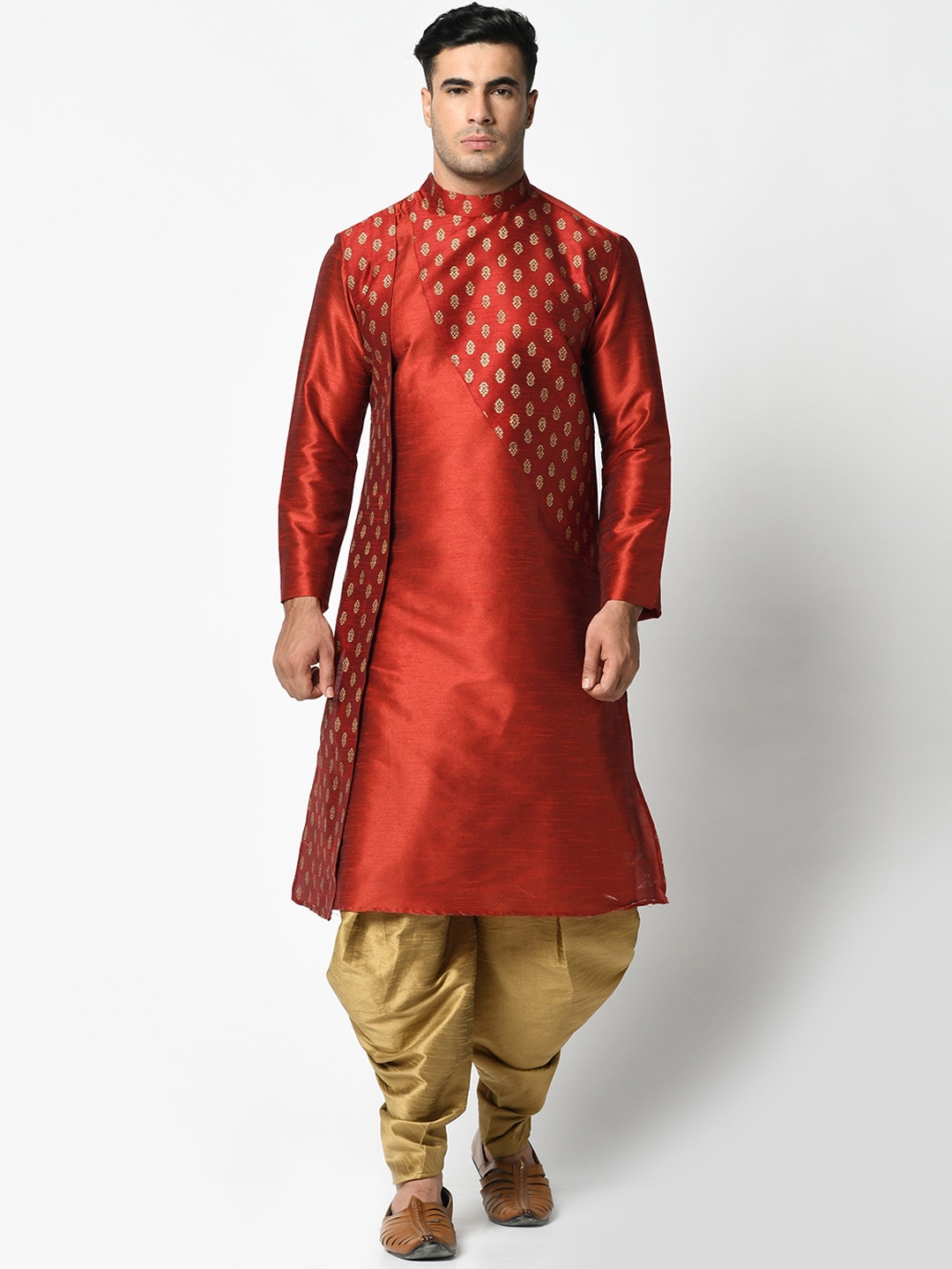 

DEYANN Men Red Dupion Silk Kurta with Dhoti Pants