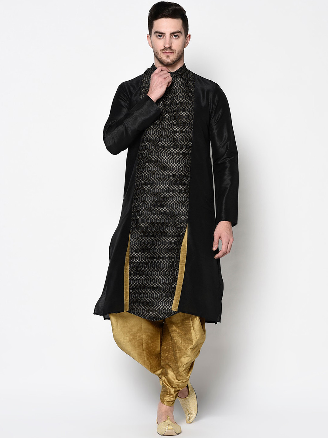

DEYANN Men Black Ethnic Motifs Angrakha Dupion Silk Kurta with Patiala