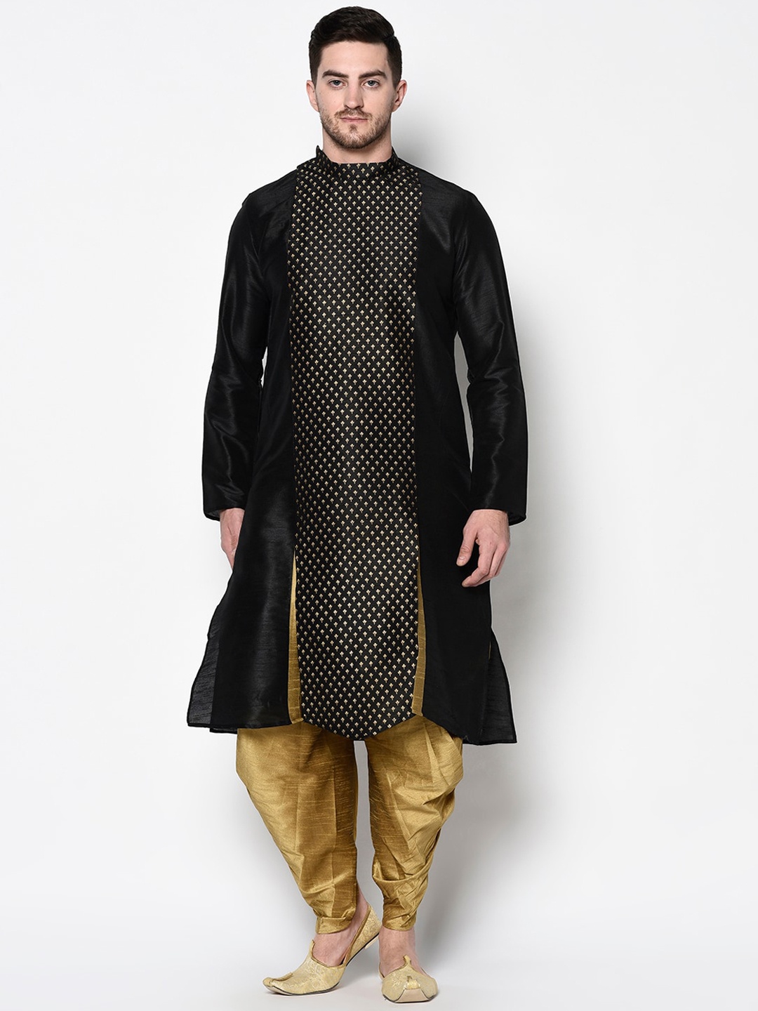 

DEYANN Men Black Angrakha Dupion Silk Kurta with Dhoti Pants