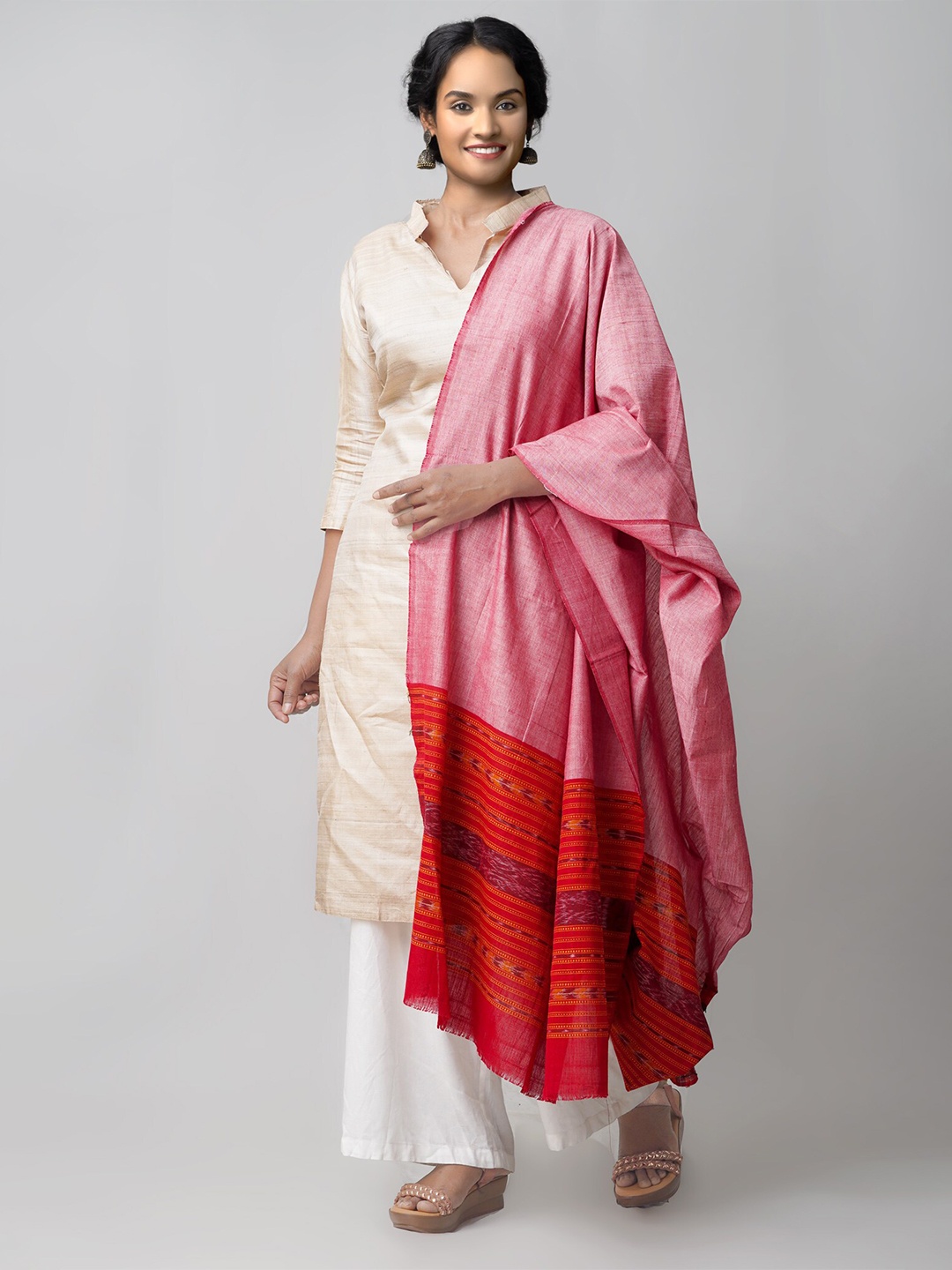 

Unnati Silks Red & Peach-Coloured Ethnic Motifs Dyed Pure Cotton Ikat Dupatta