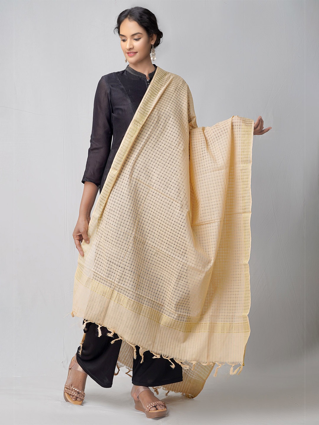 

Unnati Silks Brown & Grey Ethnic Motifs Woven Design Pure Cotton Dupatta with Zari