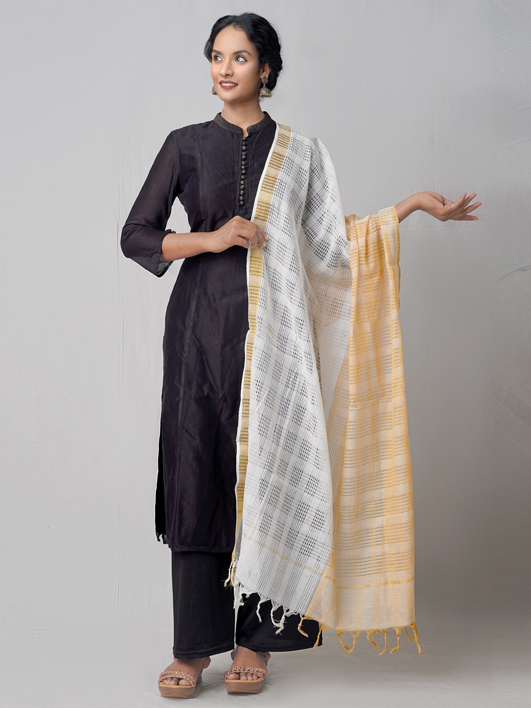 

Unnati Silks Brown & White Ethnic Motifs Woven Design Pure Cotton Dupatta with Zari