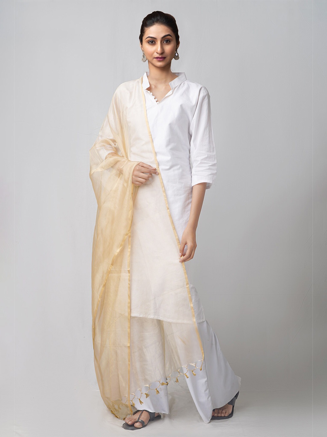 

Unnati Silks Cream-Coloured Ethnic Motifs Woven Design Tissue Dupatta with Zari