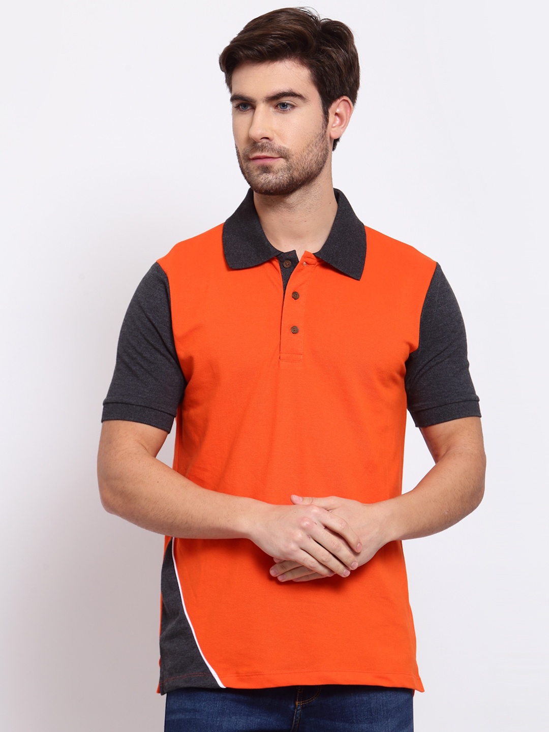

Kalt Men Orange & Black Polo Collar T-shirt