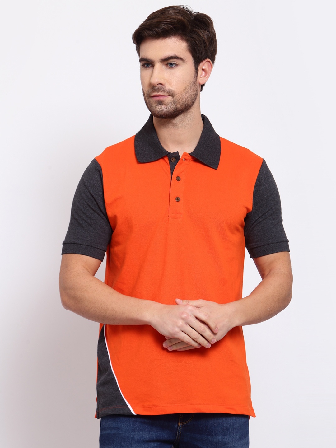 

Kalt Men Orange & Black Colourblocked Polo Collar T-shirt