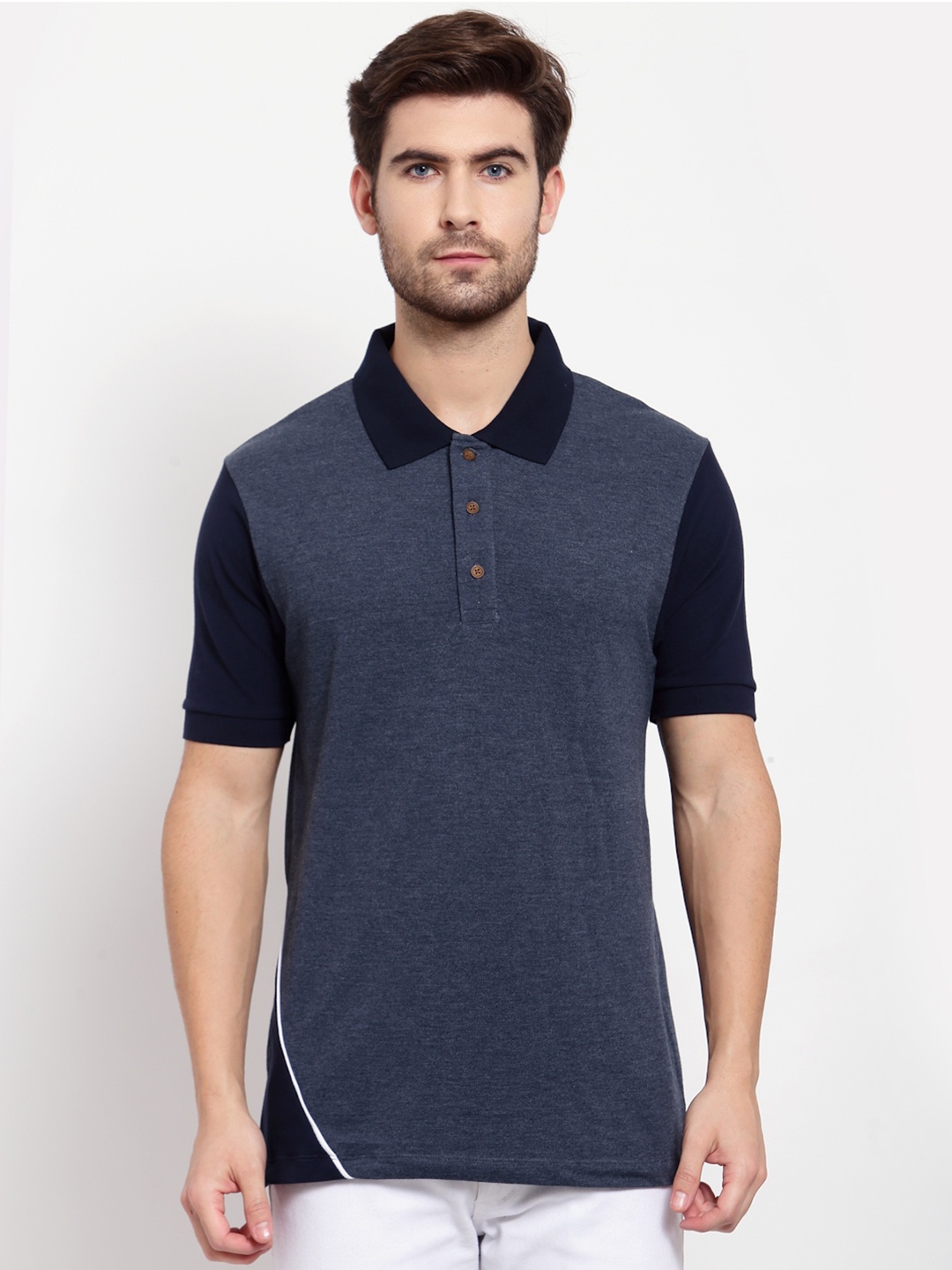 

Kalt Men Navy Blue & Black Polo Collar T-shirt