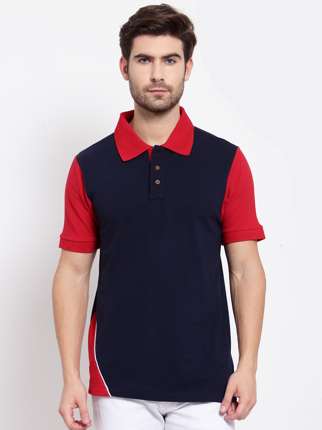 

Kalt Men Navy Blue & Red Polo Collar T-shirt