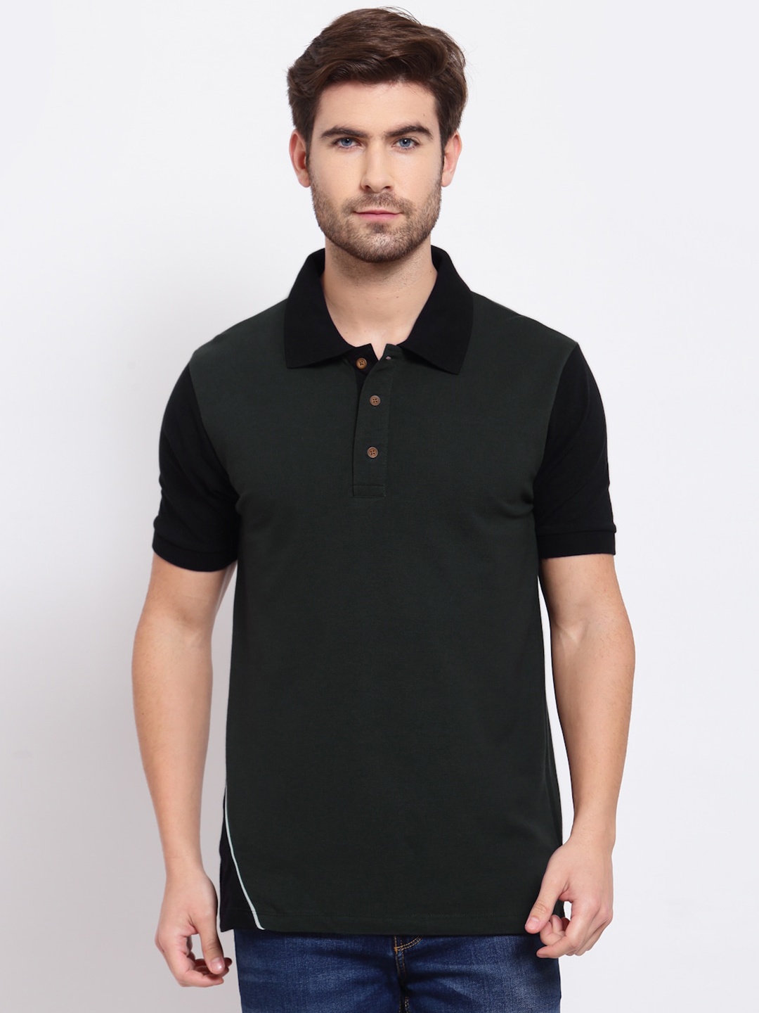 

Kalt Men Green & Black Colourblocked Polo Collar T-shirt