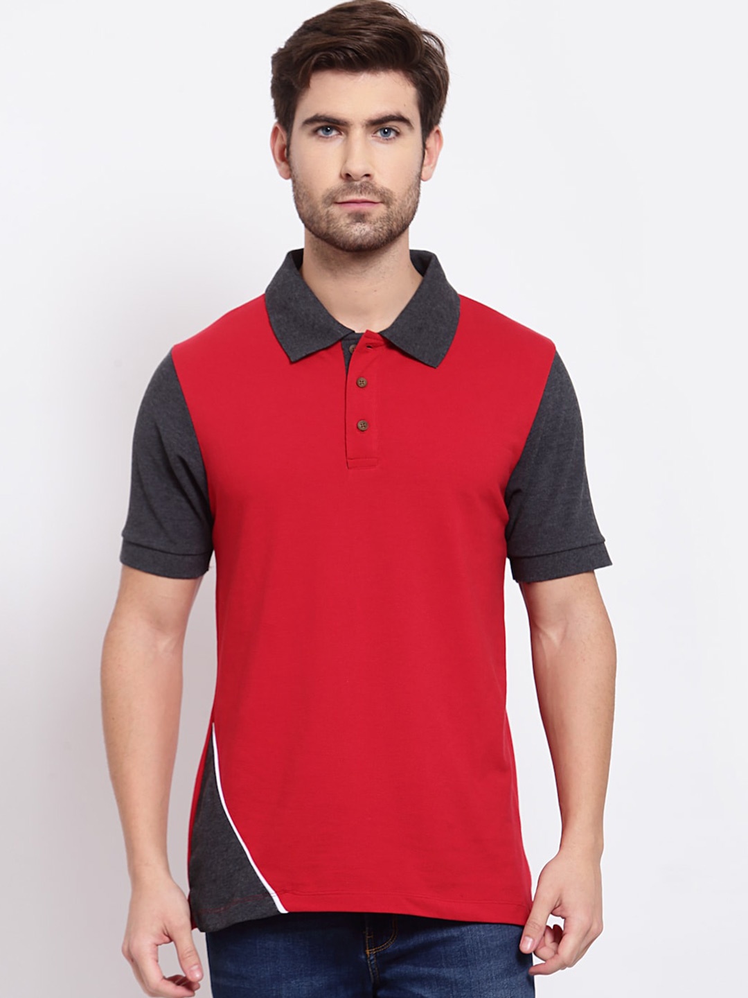 

Kalt Men Red & Navy Blue Colourblocked Polo Collar T-shirt