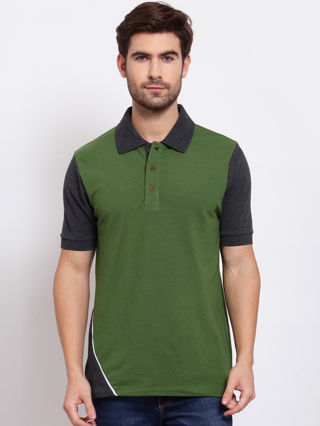 

Kalt Men Green & Grey Colourblocked Polo Collar T-shirt