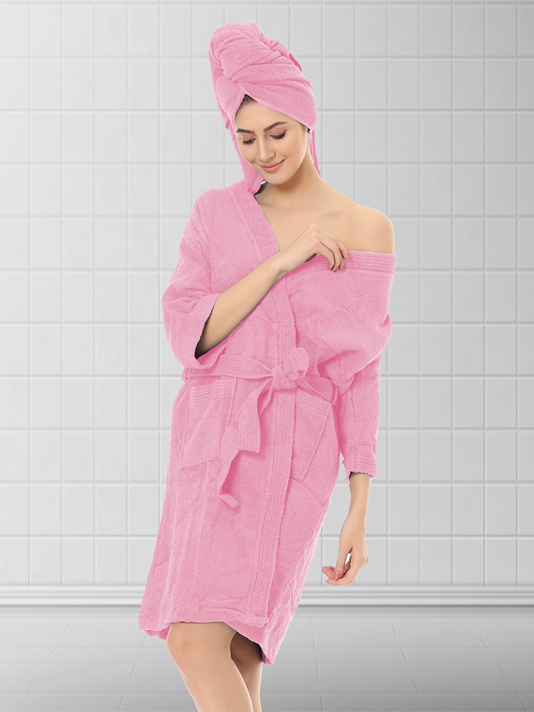 

Aura Pink Solid Terry Cotton Bath Robe With Hair Wrap