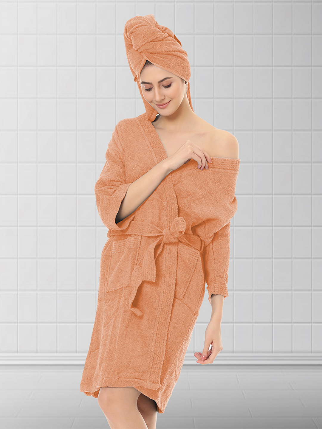 

Aura Adults Brown Sandy Terry Cotton Bathrobe with Hair Wrap