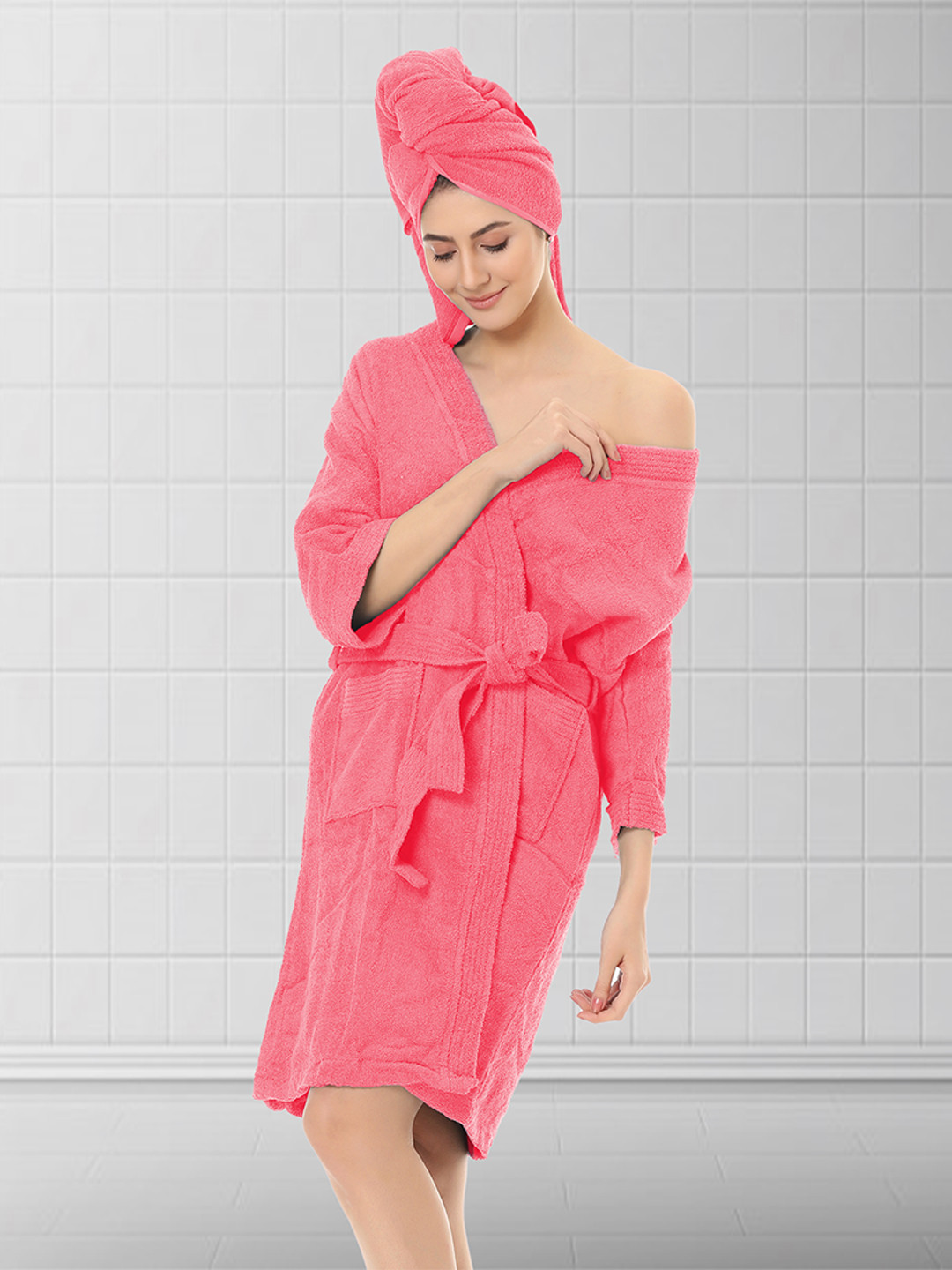 

Aura Pink Solid Terry Cotton Bath Robe With Hair Warp