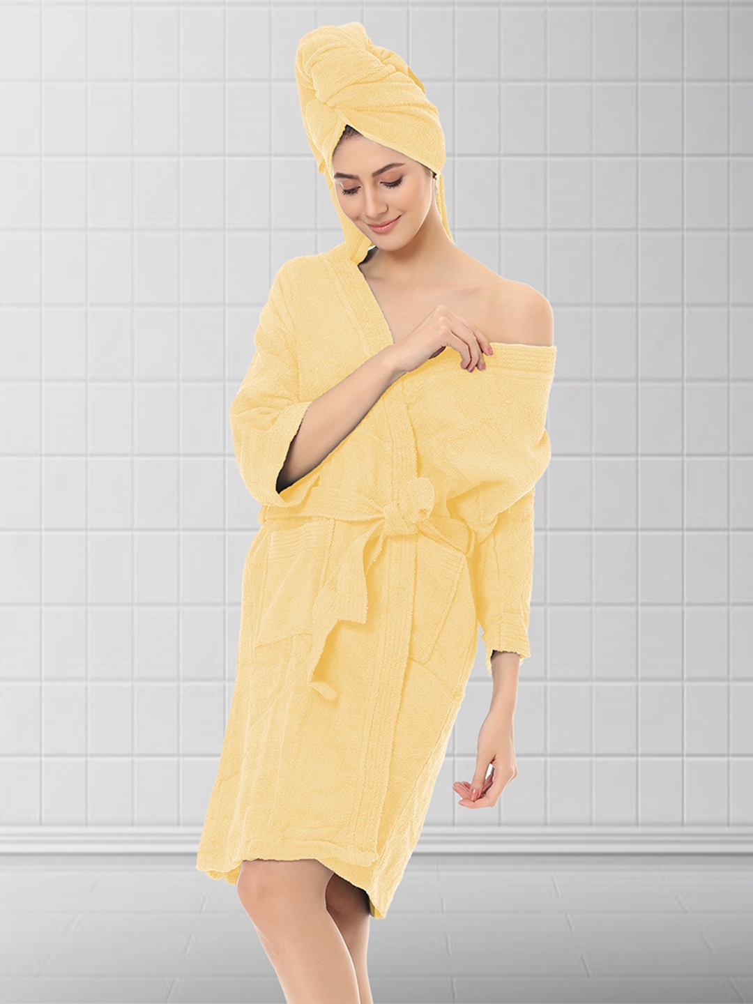 

Aura Yellow Solid Pure Cotton Bathrobe With Hairwrap