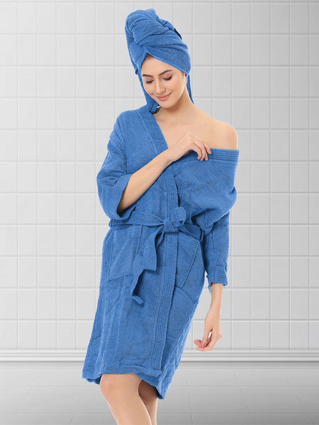 

Aura Blue Solid Terry Cotton Bath Robe With Hair Wrap