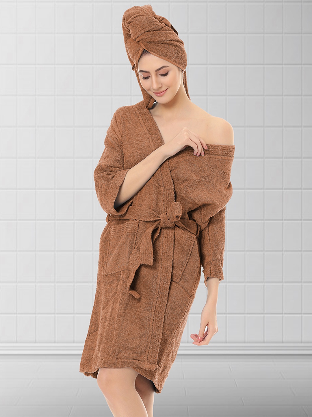 

Aura Unisex Brown Terry Cotton Bathrobe with Hairwrap