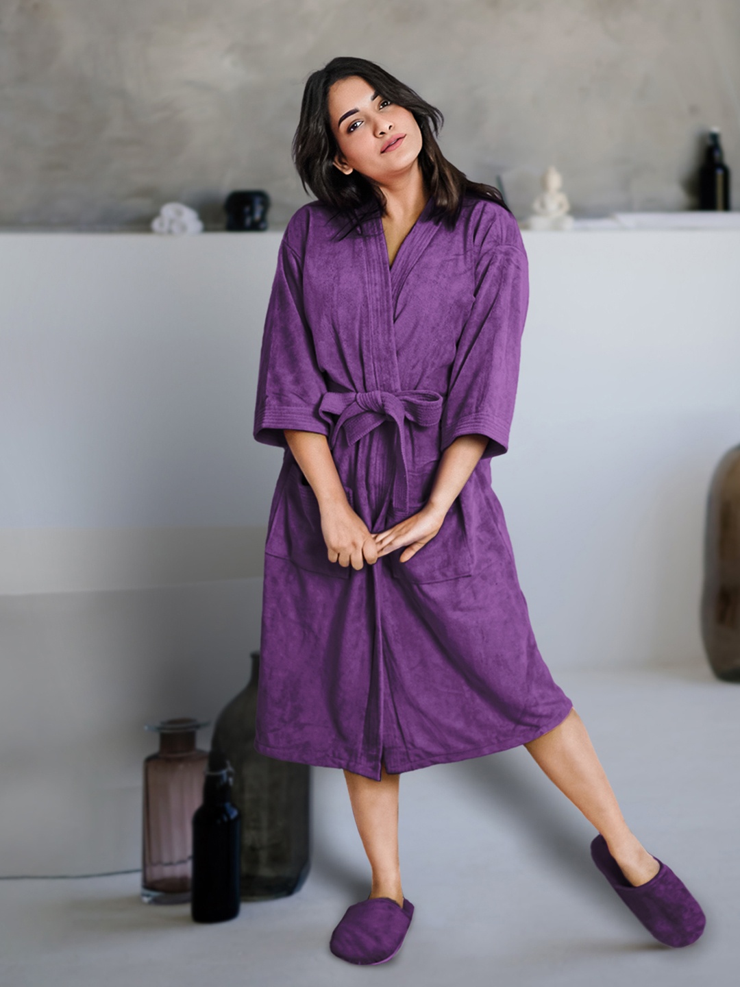 

Aura Unisex Purple Terry Cotton Bathrobe with Slipper