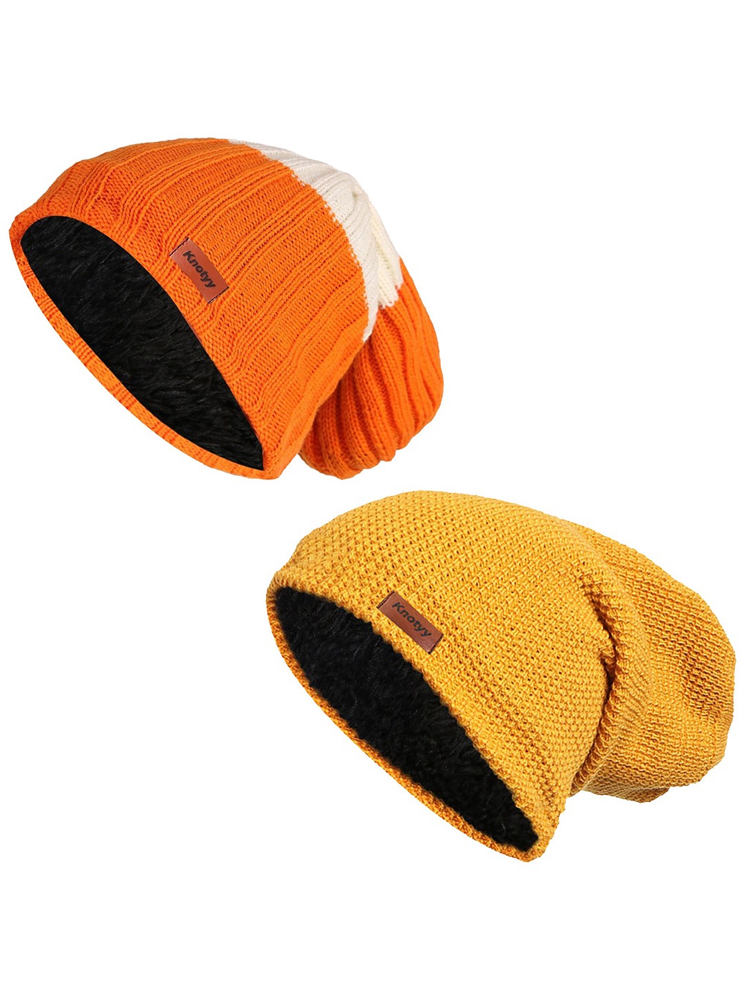 

Knotyy Unisex Pack of 2 Orange & Yellow Beanie