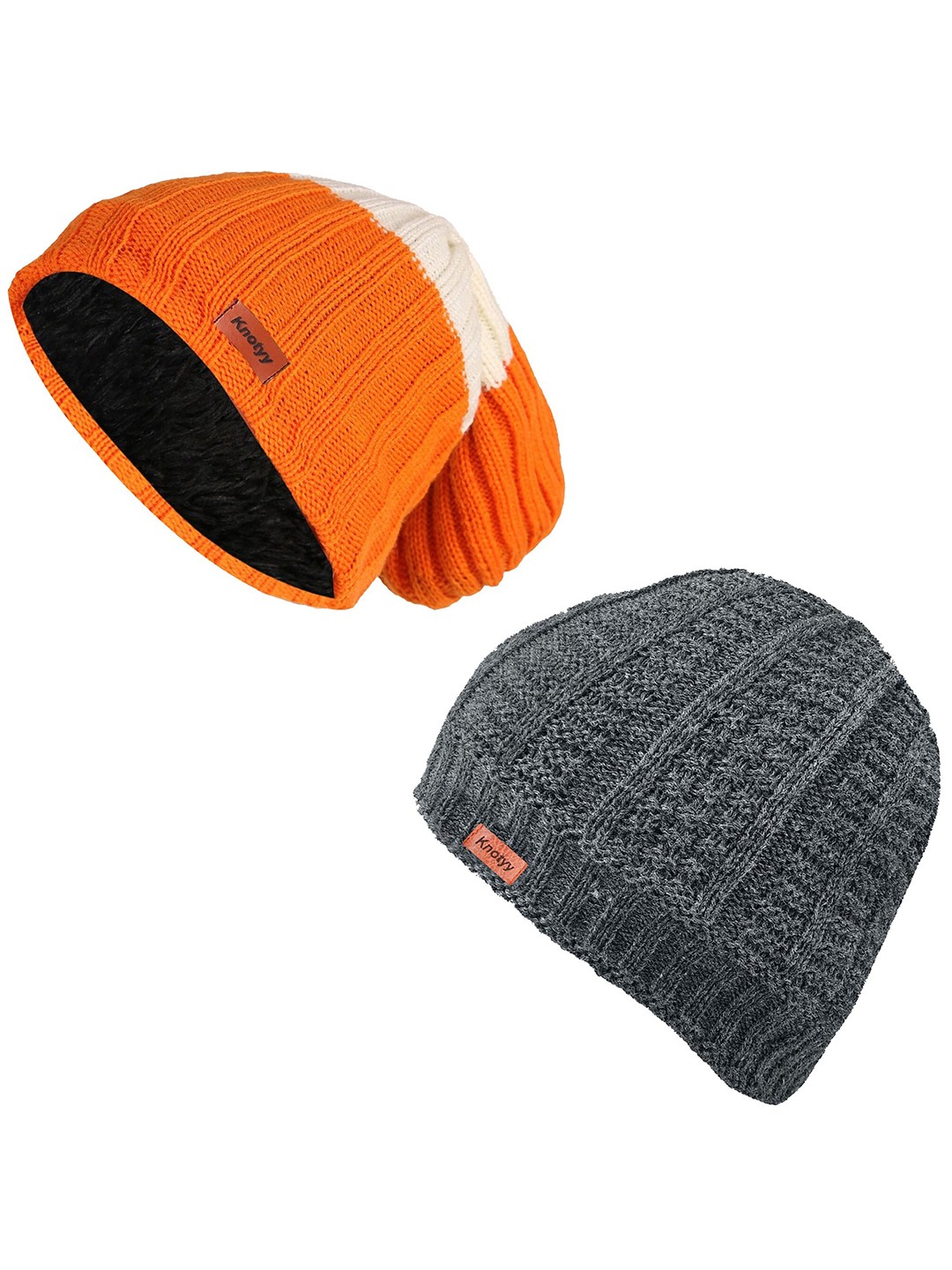 

Knotyy Unisex Pack of 2 Orange & Grey Acrylic Beanie