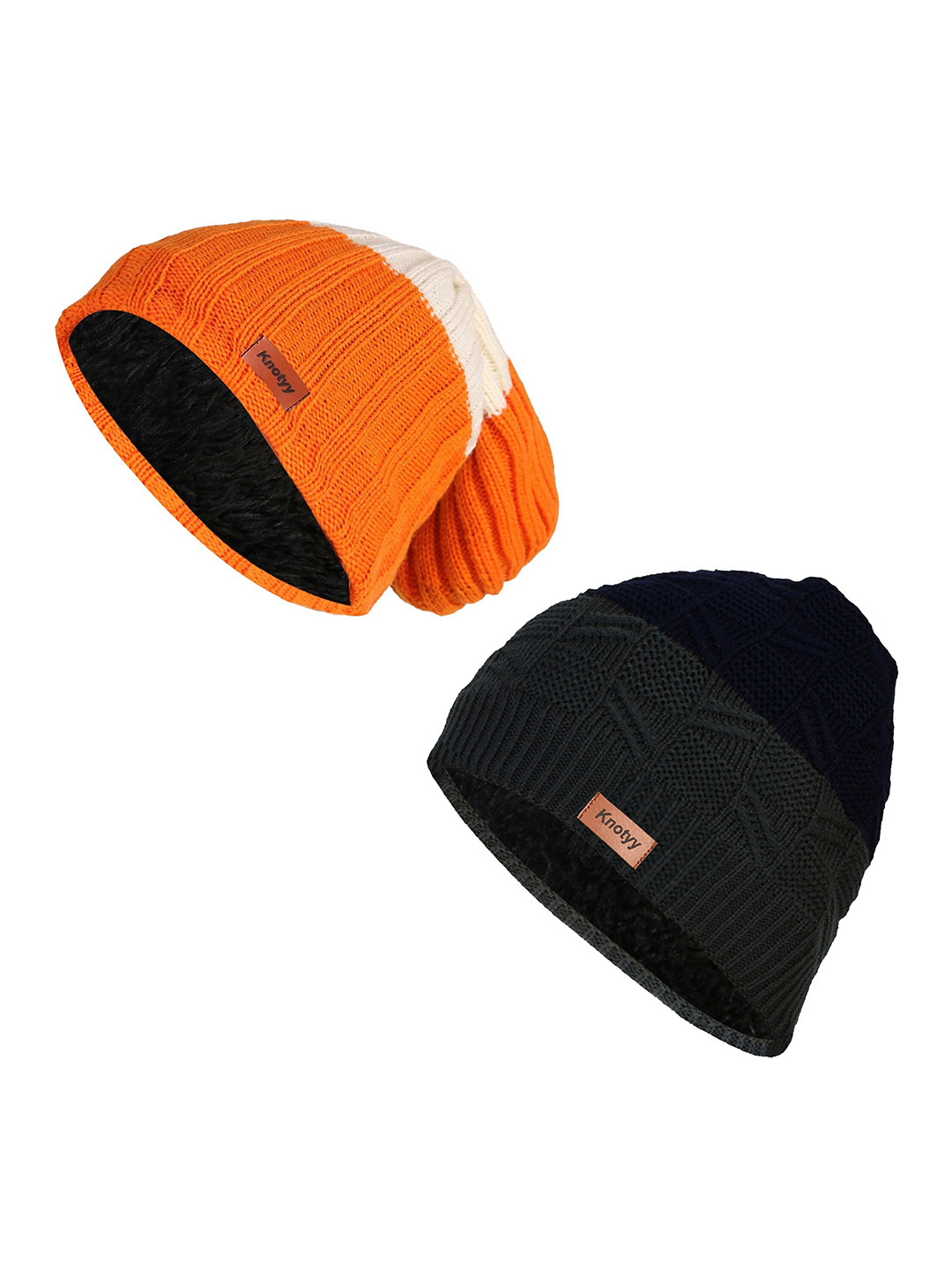 

Knotyy Unisex Pack of 2 Black & Orange Acrylic Beanie